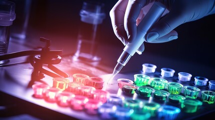 Poster - Pipetting sample into multi well plate for analysis in a laboratory. Generative AI