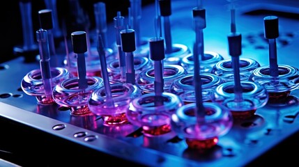 Poster - Pipetting sample into multi well plate for analysis in a laboratory. Generative AI