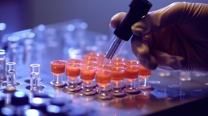 Poster - Pipetting sample into multi well plate for analysis in a laboratory. Generative AI