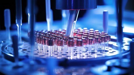 Poster - Pipetting sample into multi well plate for analysis in a laboratory. Generative AI
