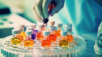 Poster - Pipetting sample into multi well plate for analysis in a laboratory. Generative AI