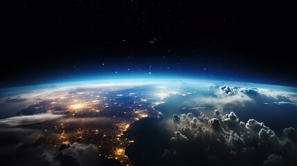 Poster - Planet Earth half night and half day with city lights and clouds in space with stars. Generative AI