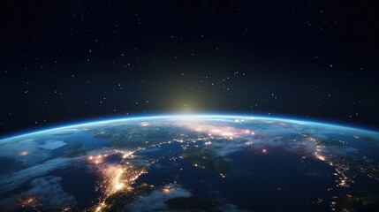 Poster - Planet Earth half night and half day with city lights and clouds in space with stars. Generative AI