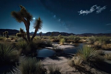 Wall Mural - nighttime desert scene, with a full moon and starry sky above the oasis, created with generative ai