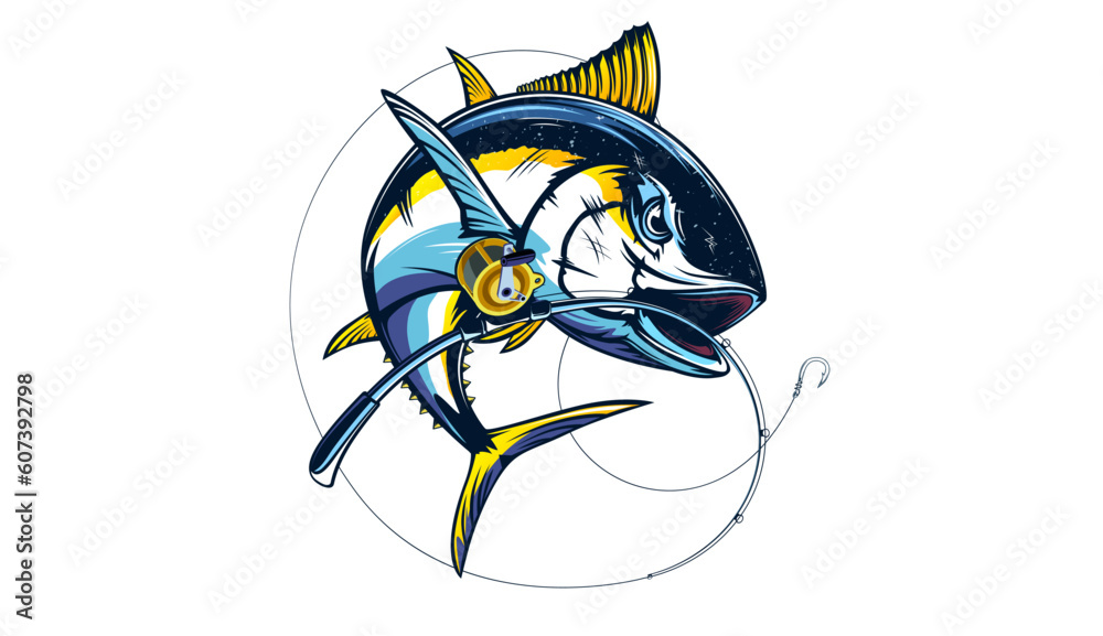 Tuna fishing logo vector  illustration. Tuna fishing emblem isolated. Ocean fish logo. Saltwater fishing theme.