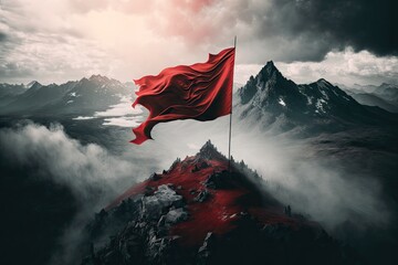 Canvas Print - red flag fluttering atop misty mountain peak, with view of the valley below, created with generative ai