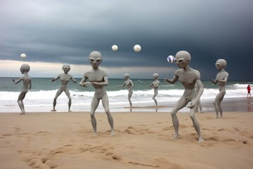 Wall Mural - group of aliens playing volleyball on the beach, with the waves rolling in, created with generative 