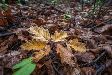 Wall Mural - close-up of crunchy leaf and twig forest floor, created with generative ai