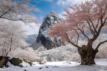 Canvas Print - cherry blossom tree in full bloom on snow-covered mountain, created with generative ai