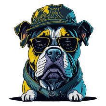Vector Illustration Of A Bull Dog Dressed In Hipster Style, With Hat, Cap, Wearing Sun Glasses. English Dog. For T-shirt Design, Tattoo, Poster, Sticker