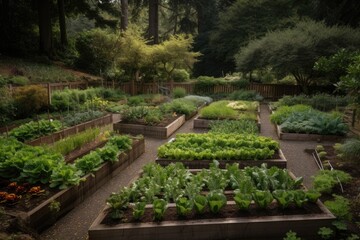 Sticker - community garden, with rows of vegetables and herbs growing, created with generative ai