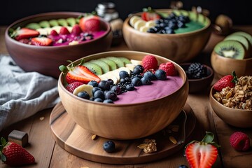 Wall Mural - smoothie bowl with fresh fruit and granola toppings, created with generative ai