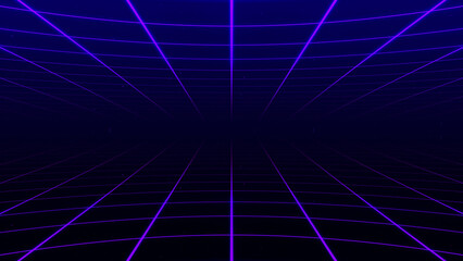 Poster - Abstract retro synthwave grid loop animation background 3d render. Looping grid motion design with particles moving away from the screen. 3d render.