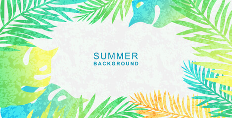 Wall Mural - summer abstract background with tropical leaves. texture and gradient of green, blue and yellow colo