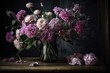 mauve and pink flowers in vase on dark wooden table, created with generative ai