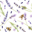 Watercolor botanical illustration. Seamless pattern of purple lavender wild flowers and bumblebees. Fragrant field herb. Hand drawn on a white background.For wrapping paper, fabrics for home textiles