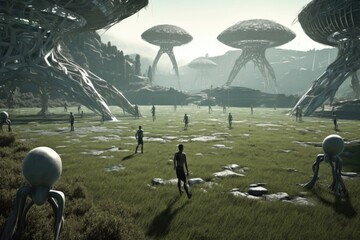 Wall Mural - aliens playing soccer on a futuristic, otherworldly field, created with generative ai