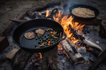 Poster - campfire cooking with cast-iron skillet, ingredients, and spices, created with generative ai