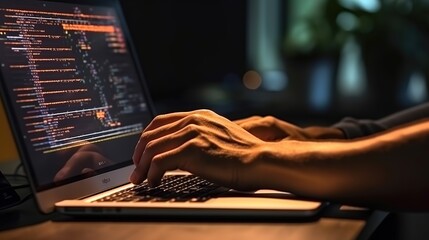 Poster - Businessman working at a laptop computer, close-up.Generative AI