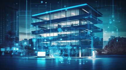 Poster - A modern office building in blue tones with a laptop, a digital tablet.Generative AI
