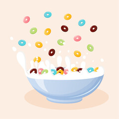 Bowl with milk and colorful crisp rings. Milk splashes. Healthy breakfast.