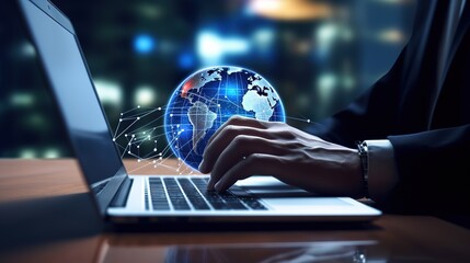 Poster - Businessman working at a laptop computer, close-up.Generative AI