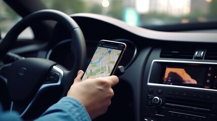 Aufkleber - A business person using a mobile smartphone, checking the location of the address using the navigator application, driving a car.Generative AI