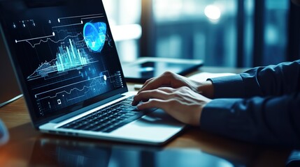Poster - Businessman working at a laptop computer, close-up.Generative AI