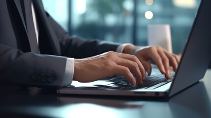 Poster - Businessman working at a laptop computer, close-up.Generative AI