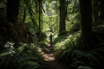 Canvas Print - mountain biker making their way through dense forest, with trees and foliage surrounding them, created with generative ai