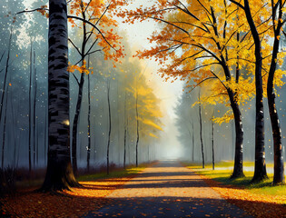 Wall Mural - Autumn forest nature, generative ai. Vivid morning in colorful forest with sun rays through branches of trees