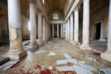 Sticker - intricate mosaic floor in ancient ruins, surrounded by broken columns and debris, created with generative ai