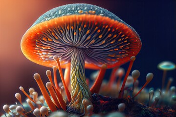 Wall Mural - close-up of magic mushroom, with its unique texture and colors visible, created with generative ai