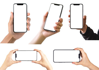 hand holding handphone smartphone on transparent background cutout, png file. mockup template for ar
