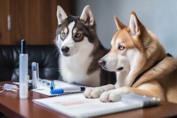 Sticker - feline scientist scribbling notes on clipboard while canine colleague prepares test tubes, created with generative ai