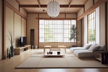 Canvas Print - japanese style living room, with minimalist design and subtle touches of color, created with generative ai