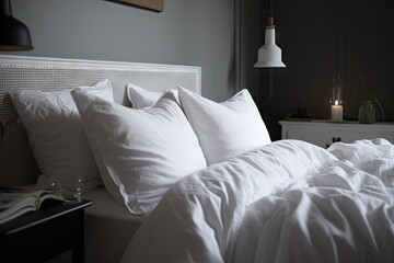 Poster - close-up of crisp white bedsheets, with inviting and tranquil ambience, created with generative ai