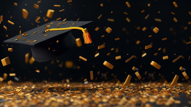 Mortarboard hat and golden confetti with a place for text