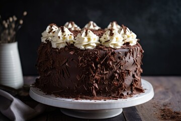 Poster - chocolate cake, topped with creamy frosting and sprinkle of chocolate shavings, created with generative ai