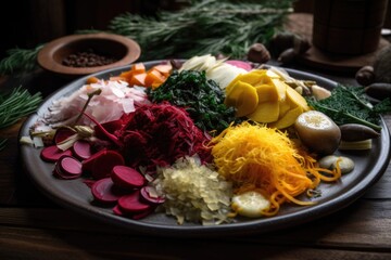 Sticker - plate of fermented vegetables with variety of herbs and spices, created with generative ai