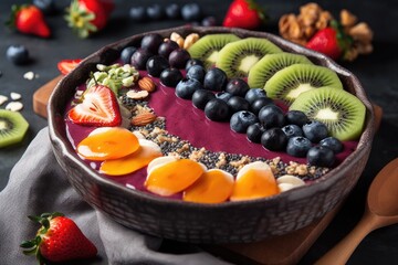 Poster - smoothie bowl topped with fruit and nuts for a healthy, satisfying breakfast, created with generative ai