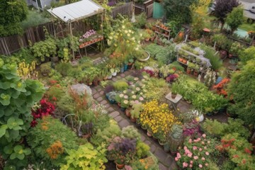 Poster - view of garden from above, showing diversity and variety of plants, created with generative ai