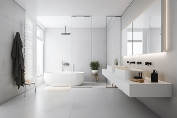 Poster - a white, minimalist bathroom with simple accessories and sleek fixtures, created with generative ai