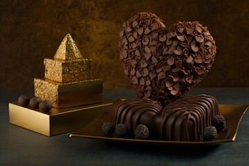 Wall Mural - heart-shaped cake flanked by a stack of perfectly portioned chocolate truffles, created with generative ai