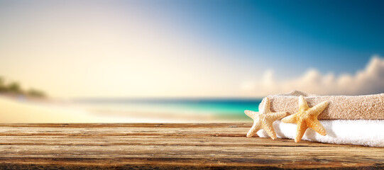 Wall Mural - desk of free space and summer beach landscape.