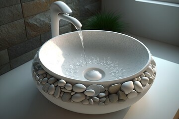 Wall Mural - round white wash basin with waterfall faucet and river stones, created with generative ai