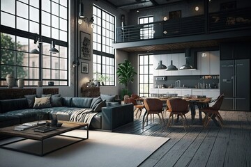 Poster - industrial home with open floor plan, featuring sleek and modern furniture, created with generative ai