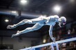 alien athlete soaring through the air, performing acrobatic dive in competition, created with generative ai