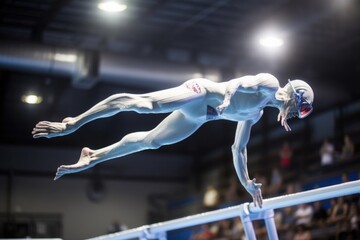 Wall Mural - alien athlete soaring through the air, performing acrobatic dive in competition, created with genera