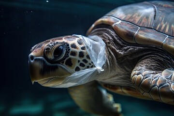 Poster - a turtle with a plastic bag around its neck, struggling to breathe, created with generative ai